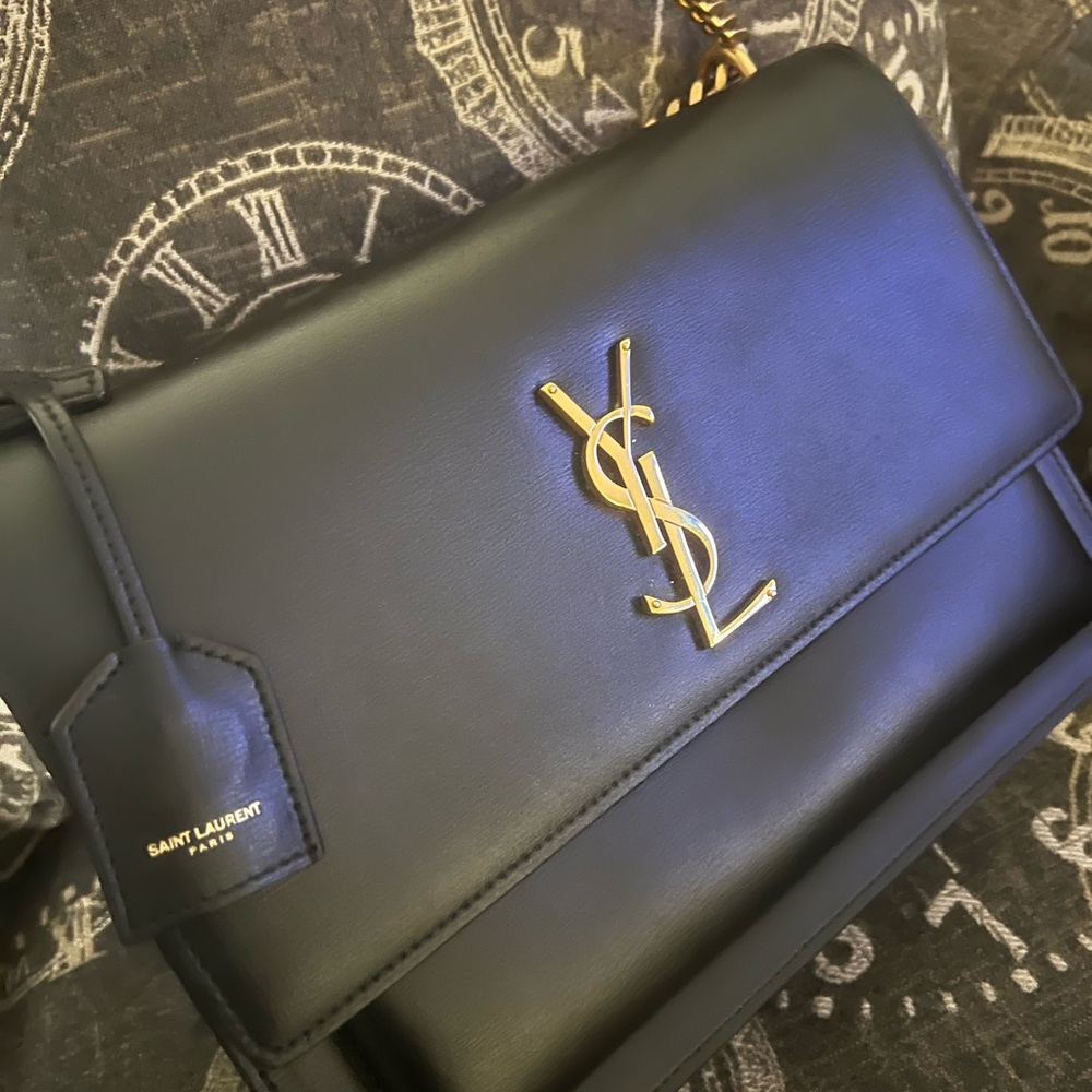 Saint Laurent Large  Sunset Calfskin  Black and Gold Bag